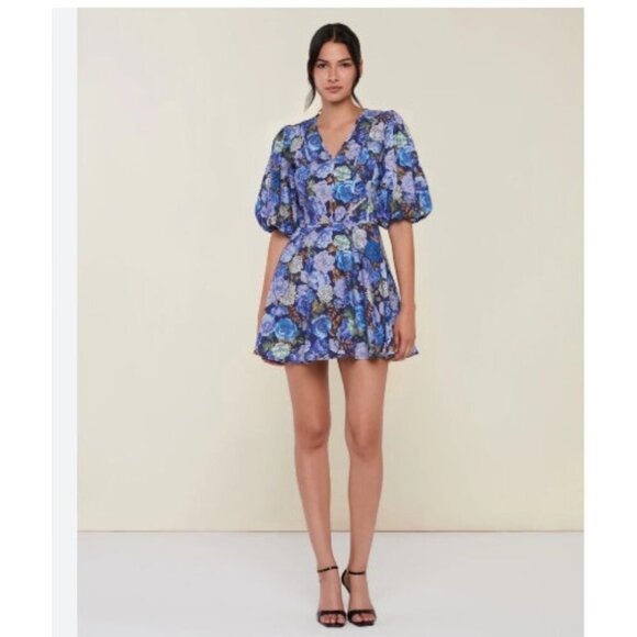 Rachel Parcell Dress Womens Size 18 Blue Floral V-Neck Mini Linen Wedding Guest - Picture 1 of 11